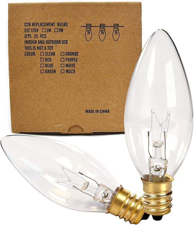 25 Pack Candle Light Bulbs,Crystal Clear Torpedo Tip Candelabra Replacement Bulbs Fit C7/E12 Candelabra Base,7 Watt C26 Replacement Night Light Bulb for Electric Window Candle Lights