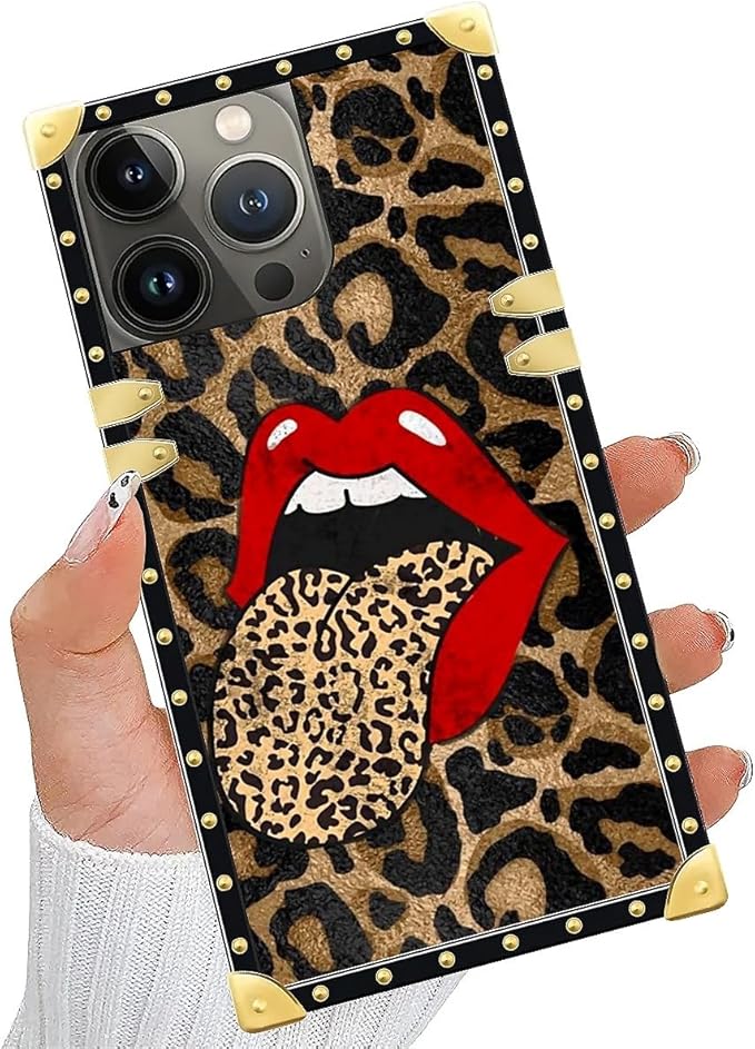 Compatible with iPhone 13 Pro Case, Brown Leopard Print Mouth Luxury Golden Decoration for Girl Women Soft TPU Shockproof Protective Hard PC Back for iPhone 13 Pro