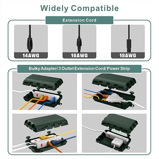 Outdoor Waterproof Electrical Box, Large Extension Cord Cover (9.05x6.61x2.67inch) Plug Protector Cable Connection Safety Box IP54 Water-resistant for Power Strip, Holiday Light and Decorations, Green