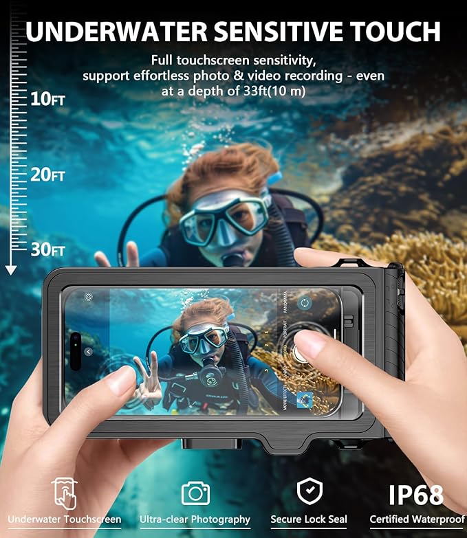 Waterproof Phone Case for Snorkeling - Underwater Touchscreen Housing, Universal Underwater Photo&Video Diving Case for iPhone 17/16/15/14 Pro Max Samsung Galaxy S25/S24 Ultra Up to 6.9'' Black