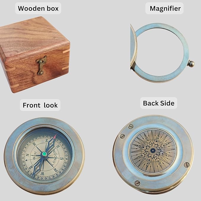 Vintage Brass Compass with Wooden Box – Antique Navigation Compass for Hiking, Camping, Gifts & Home Decor – Classic Map Reading Compass for Men