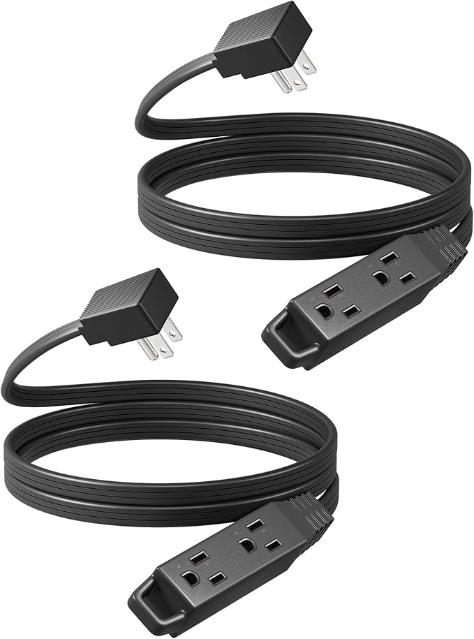 DEWENWILS 6FT Flat Plug Extension Cord 3 Prong Ultra Thin Power Strip, 13A/125V/1625W, 16/3 Awg Grounded Flat Power Cable for Indoor Narrow Space, SPT-3 Cord, ETL Listed, Black, 2 Pack
