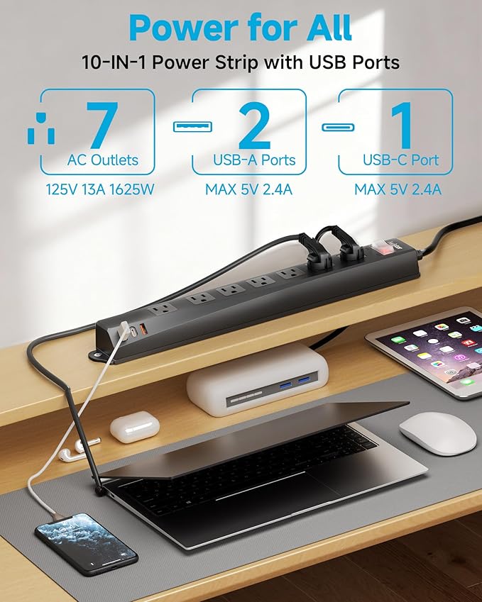 Outdoor Power Strip Weatherproof IPX6,1625W/13A 15 Ft Extension Cord with Multiple Outlets,7 AC & 3 USB, Wall Mount for Camping,Poolside,Garden,Workshop