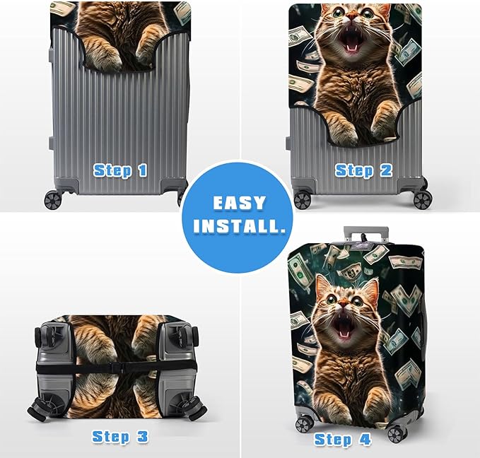 Luggage Cover Protector for 26-28 Inch Suitcases, TSA Approved Elastic Travel Suitcase Covers, Anti-Scratch Washable Luggage Sleeve for Carry On & Checked Bags, Excited Cat