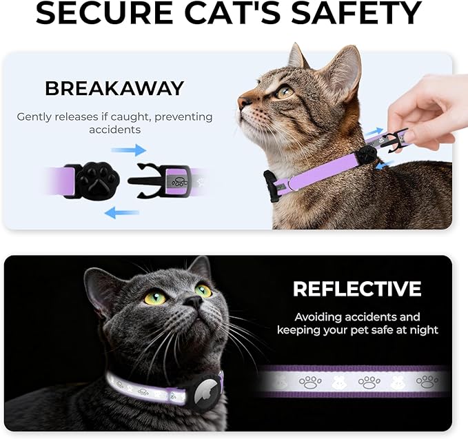 Breakaway AirTag Cat Collar, Reflective Cat Tracker Collar with Air Tag Holder and Bell, Safety Elastic Band Cat GPS Collars for Girl Boy Cats, Kittens and Puppies (Lilac, 8-13'')