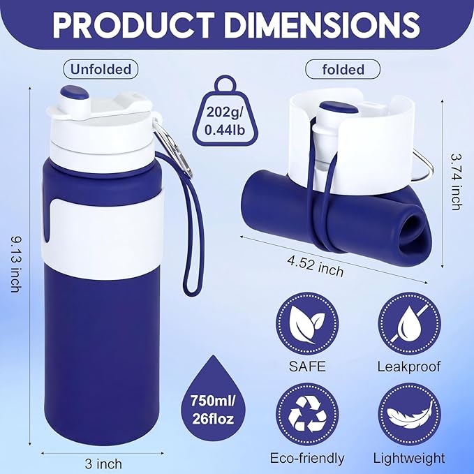 LemonRoad 4 Pcs 26 oz Silicone Collapsible Water Bottle, Portable Foldable Water Bottle Leakproof with Carabiner Reuseable Lightweight for Travel Sports Hiking Camping Cycling Office (Multicolor)