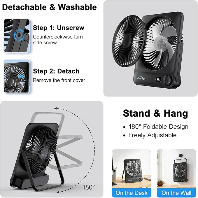 WHATOOK Large Travel Desk Fan: 10000mAh Battery 40 Hours Runtime Silent Rechargeable Fans, Quite Personal Portable Fan for Camping Bedroom Office Small Desktop fan (8.3 * 7.1inch Black)