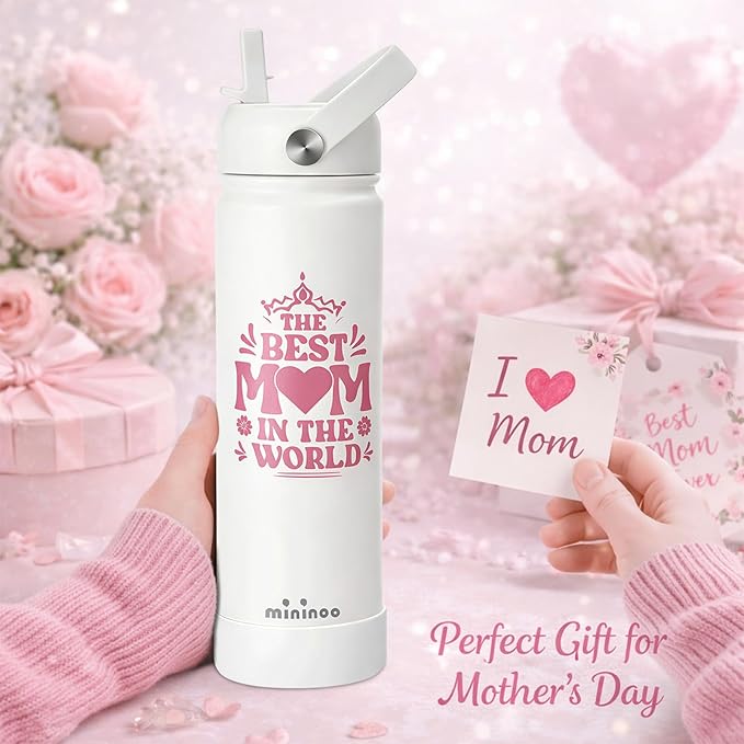 mininoo Mothers Day Gifts for Mom, 24 oz Insulated Stainless Steel Water Bottle with Straw Lid, Fits Cup Holders, Birthday Gifts for Mom