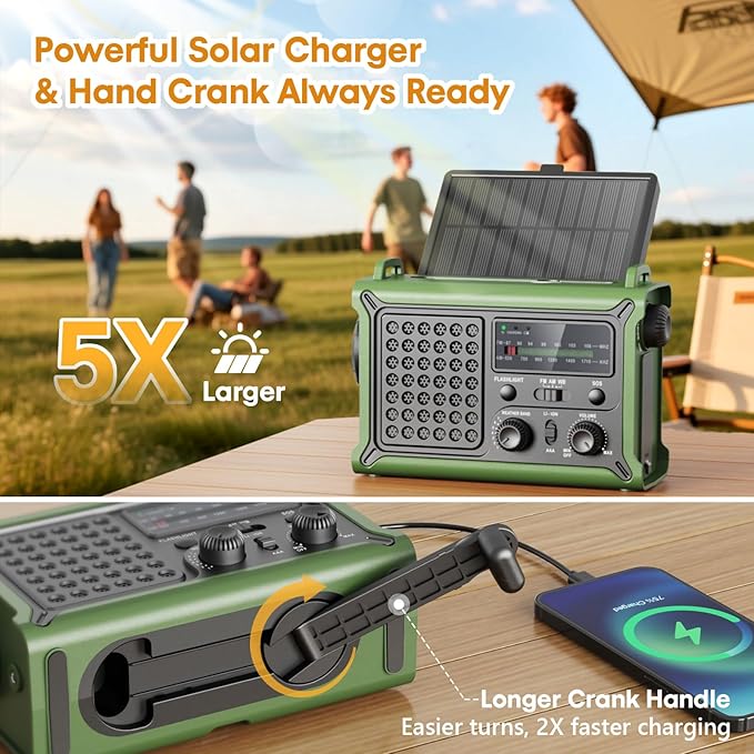 Raynic NOAA Weather Radio 12000mAh, Emergency Weather Radio with 2X Faster Solar & Hand Crank Charging, 5W Flashlight, Reading Lamp, Cell Phone Charger, SOS for Hurricane, Storm, Camping