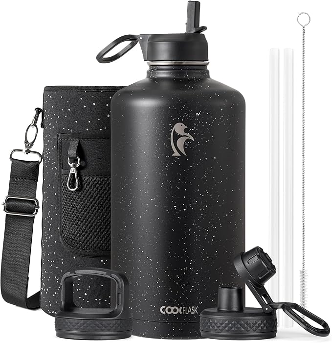 Coolflask 128 oz Gallon Water Bottle Insulated with Straw&3 Lids, Water Jug Large Stainless Steel Metal Vacuum Wide Mouth for Sports, Gym or Office, Non-BPA Keep Cold 48H Hot 24H, Starry Night