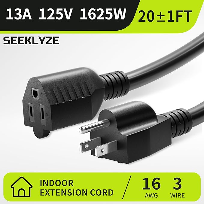 16/3 Black 20 FT Extension Cord, Indoor Extension Cord for Laptops, Coffee Makers, Office Home Appliances, 3 Prong Resistant Cable Flexible, 13A 125V 1625W ETL Listed