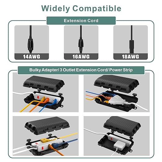 Outdoor Waterproof Electrical Box, 2 Pack Large Extension Cord Cover Protector Plug Connection Cable Safety Box IP54 Water-Resistant for Power Strip, Holiday Light and Decorations, Black