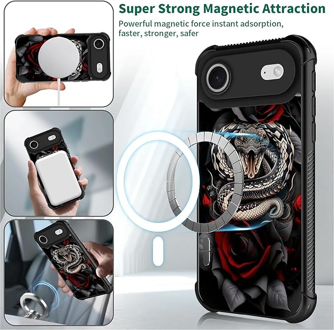 for iPhone 17 Air Case,for MagSafe Graphic Design for Girl Boy Soft Silicone Hard Acrylic Shock Protection Designed for iPhone 17 Air Entwined Rose Snake Pattern