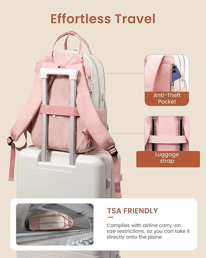 LOVEVOOK Backpack for Women,Laptop Backpack Women,Fits 15.6 Inch Laptop Bag,School Backpacks,Fashion Travel Work Anti-theft Bag,Waterproof Business Computer College Backpack Purse,Pink-Beige