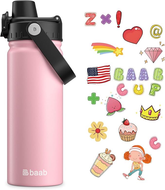 baab 18oz Kids Water Bottle, Insulated Kids Water Bottle with Lockable Spout Lid & Stickers, 18/8 Stainless Steel Vacuum Leakproof Kid Water Cup with Handle for Sports Boy Girl & School (Pink, 1 Pack)