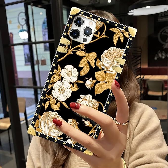 Compatible with iPhone 12 12 Pro Case, Blooming Rose Golden Flower Luxury Golden Decoration for Girl Women Soft TPU Shockproof Protective Hard PC Back for iPhone 12 12 Pro