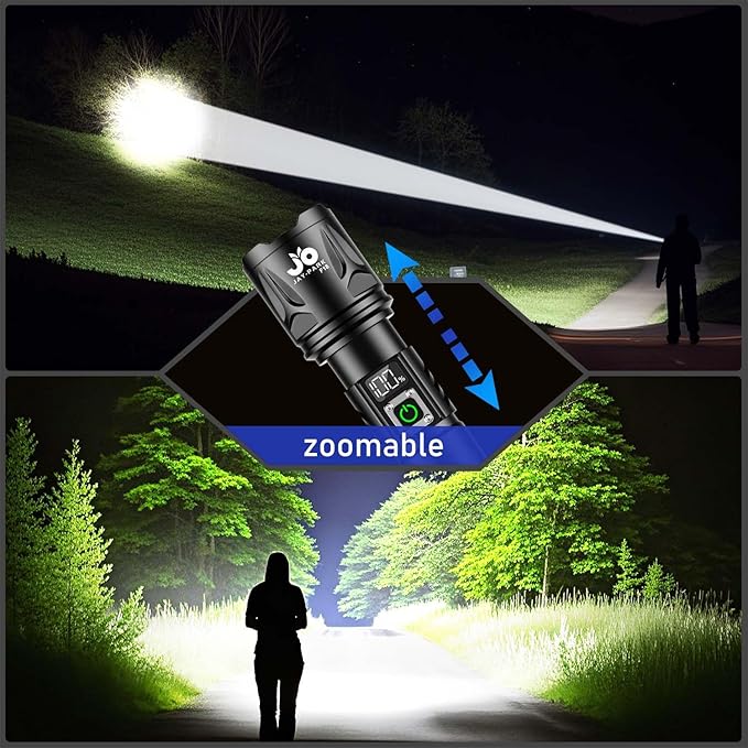 JAY-PARK High Lumen Flashlight - 100000 Lumens, Rechargeable 5000mAh with LCD Display, Zoomable Long Beam (3000m), IP67 Waterproof, 5 Modes & Belt Clip - for Camping, Dog Walking