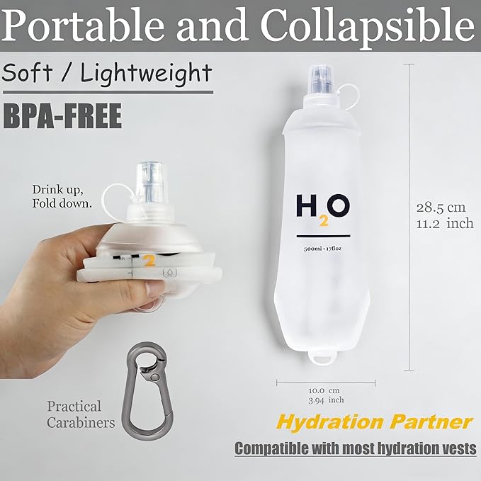 500ml Collapsible Soft Flask Water Bottle for Running with Hang Dry Metal Hook & Dust Cap, BPA Free TPU Leakproof Bite Valve Hydration Bottle, Ultra Lightweight Foldable(1pack 500ml17oz)