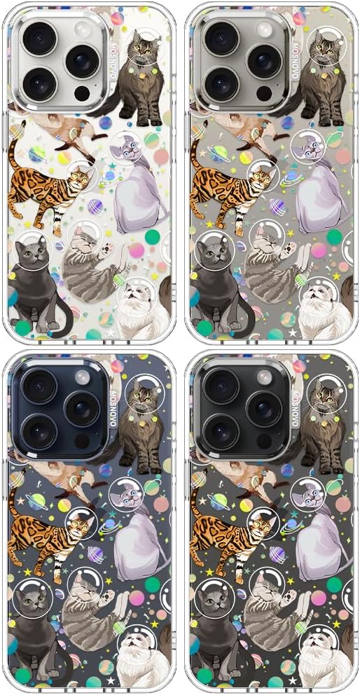 MOSNOVO Case for iPhone 15 Pro, [Buffertech 6.6ft Military-Grade Drop Protection] [Anti Peel Off Tech] Clear TPU Bumper Phone Case Cover Design - Space Cat
