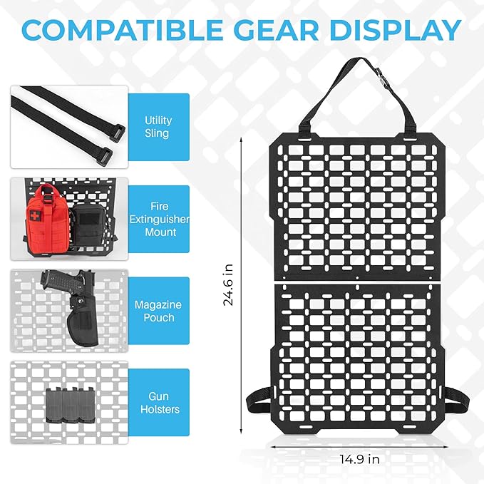 Rigid MOLLE Seat Back Organizer with 3 Tactical Pouch - Heavy-Duty MOLLE Panel for Truck, SUV & Car Interior Storage, Universal Tactical Seat Organizer for Overlanding & Off-Road