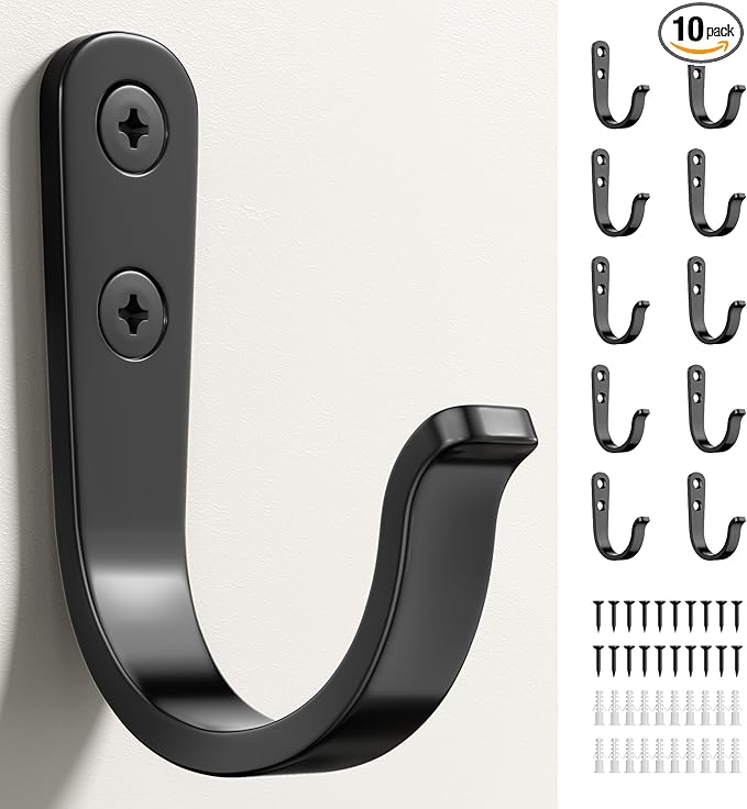 10Pcs Wall Hooks for Bathroom, Kitchen, Closet, and Garage - Black Metal Hooks for Hanging Coats, Towels, Hats, Keys, Bags, and Coffee Cups - Holds Up to 40 lbs | for Bathroom, Kitchen, Closet, and Garage, for Hanging Coats, Towels