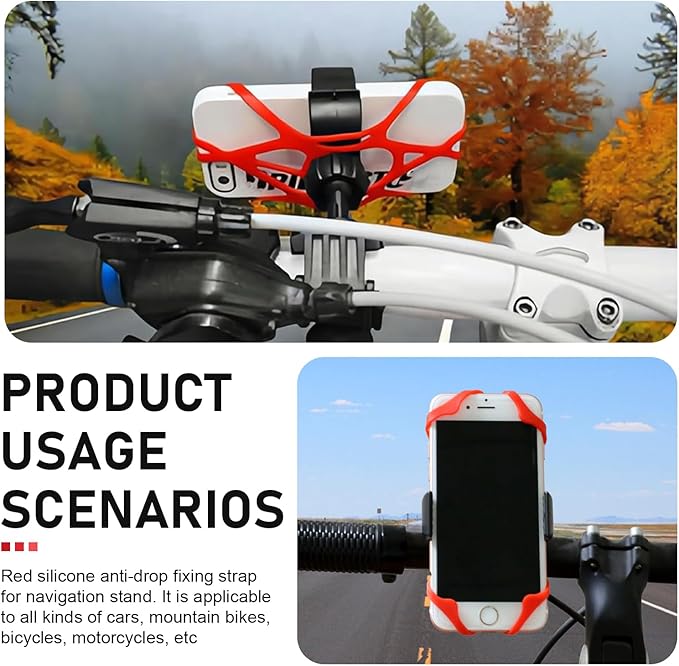 4 PCS Motorcycle Phone Mount Tether, Anti-Slip Adjustable Silicone Strap Outdoor Phone Holder, X-Shape Highly Elastic GPS Mount Tether for Handlebar, Universal for Motorcycles Bikes (Red)