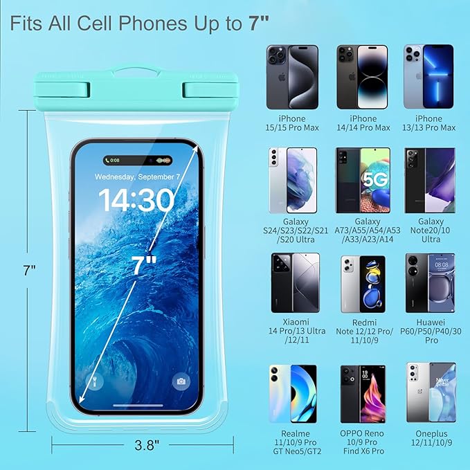 Waterproof Phone Pouch 2 Pack, IPX8 Waterproof Phone Case for iPhone Galaxy Pixel Up to 7 Inch, Cell Phone Dry Bag Beach Vacation