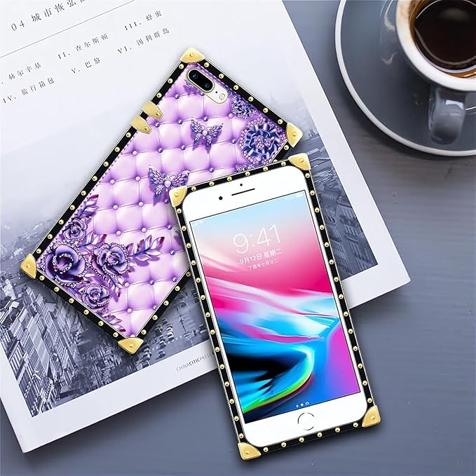 Compatible with iPhone 8 Plus 7 Plus Case, Purple Butterfly Flowers Leaf Luxury Golden Decoration for Girl Women Soft TPU Shockproof Protective Hard PC Back for iPhone 8 Plus 7 Plus