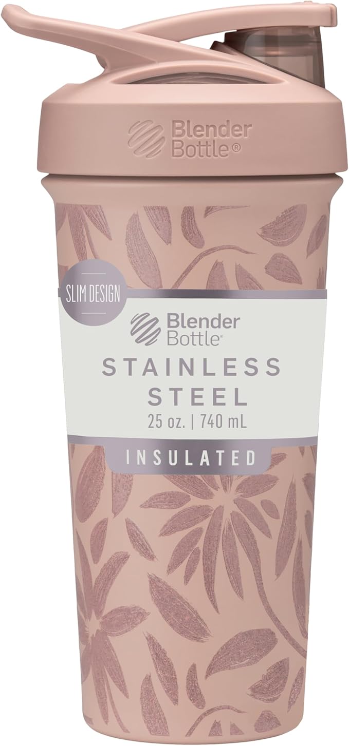BlenderBottle Sport Flip Shaker Cup Insulated Stainless Steel Water Bottle with Wire Whisk, 25-Ounce, Brown Flowers