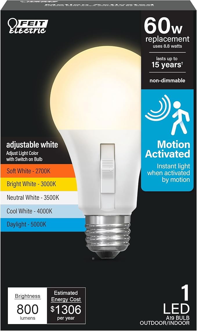 Feit Electric LED Motion Sensor Light Bulb, A19 60W Equivalent, 5CCT, Non-Dimmable, E26 Medium Base, 90 CRI, 800 Lumens, Adjustable White, 15 Years Lifetime, OM60/5CCTCA/MM/LEDI