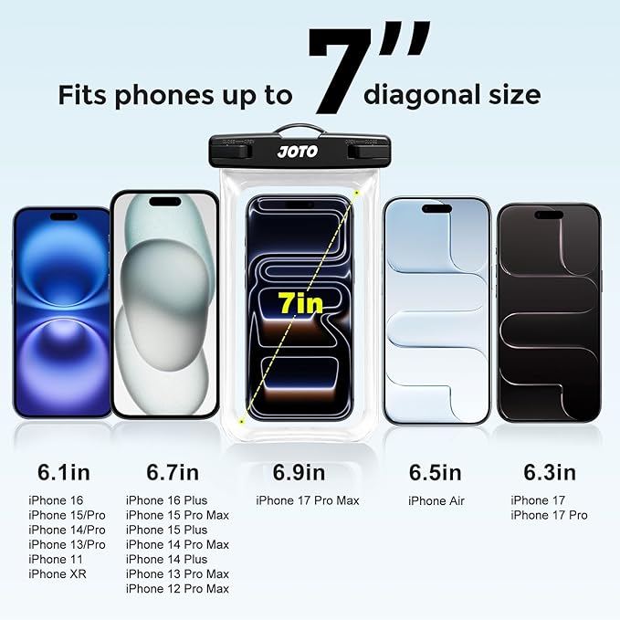 JOTO 2 Pack Universal Waterproof Phone Case for iPhone 17 Air 16 15 14 13 12 11 Plus Pro Max, IPX8 Cellphone Dry Bag XR X SE, Galaxy S23 S22 S21 S20+ S20 S10 Plus Note, Pixel up to 7" -Black, Clear