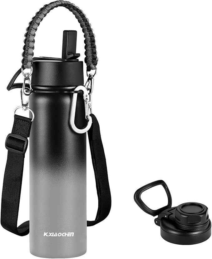 KXIAOCHEN Insulated Water Bottle, Stainless Steel Water Bottle, 2 Lids (Straw and Handle Lid),Wide Mouth Metal Water Bottles Keep Hot and Cold, Double Walled, Thermo Mug, Metal Canteen