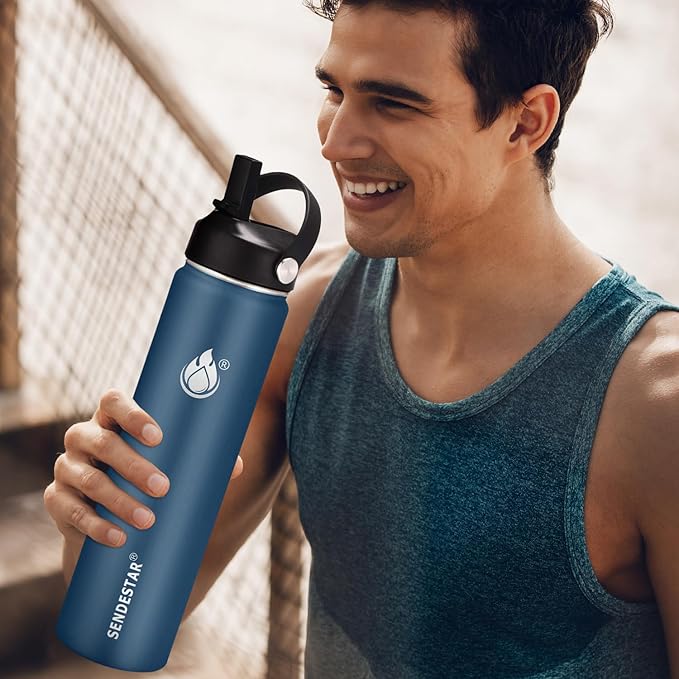 Insulated Water Bottle 32 oz with Straw, Stainless Steel Wide Mouth Water Bottle, Double Wall Vacuum Leak Proof with Straw Lid & Spout Lid for Sports or Office, Keep Cold or Hot Up to 24 Hrs