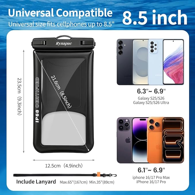 Waterproof Phone Pouch Floating 2 Pack, IP68 Waterproof Phone Case with Lanyard for iPhone 17 16 15 Pro Max, Galaxy S26 Ultra, Touch Screen, Cell Phone Dry Bag for Beach Cruise Essentials, Up to 8.5"