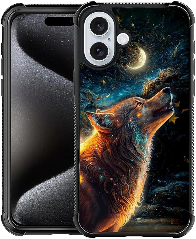 for iPhone 16 Case, Star Cave Hungry Wolf Pattern Graphic Design Girl Boy Soft Silicone Hard Acrylic Shock Protection for iPhone 16