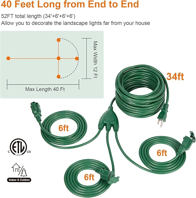 SURAIELEC Outdoor Extension Cord with Multiple Outlets, (34+6+6+6) 52FT Total, 40FT End to End, 1-3 Outlet Cord Splitter, 16/3C SJTW, for Landscape, Christmas Light, Halloween Decorations, Green