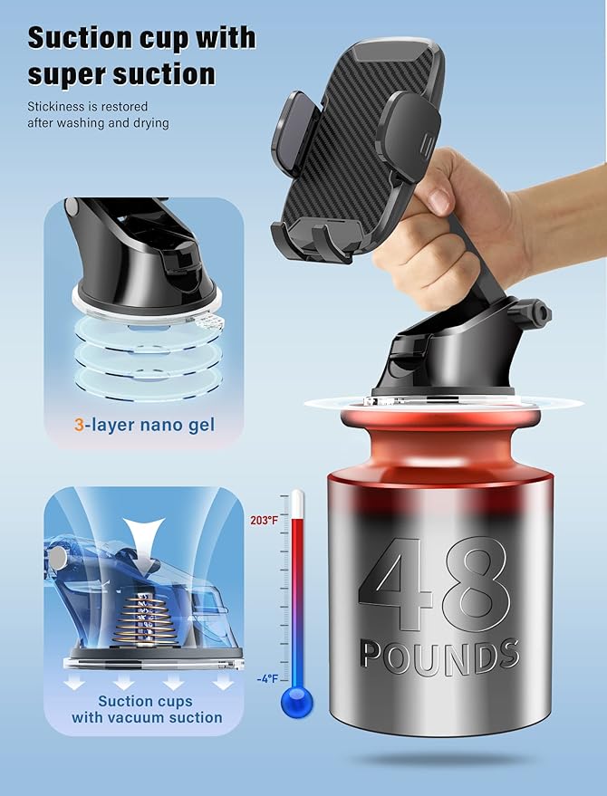 Phone Holder Mount for Car [Strong Suction] Hands-Free Universal Cell Phone Mounts for Dashboard/Windshield, 360° Rotation Extendable Mobile Car Holder for Smartphones
