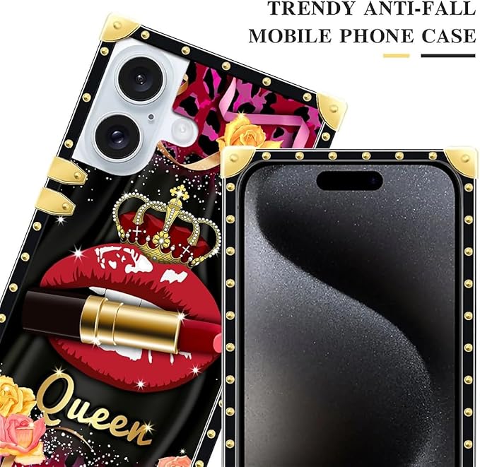 Compatible with iPhone 16 Case, Queen Lip Crown Leopard Print Luxury Golden Decoration for Girl Women Soft TPU Shockproof Protective Hard PC Back for iPhone 16