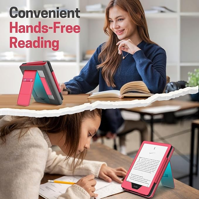 TNP Stand Case for Kindle Paperwhite 12th Generation 2024 / Kindle Colorsoft Signature Edition with Hand Strap & Card Slot - 7" PU Leather Protective Folio Cover with Auto Wake/Sleep, Light Pink