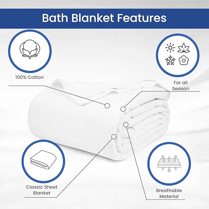 Linteum Textile 100% Cotton Hospital Patient Bath Blanket, Bed Bath Sheet, Twin Blanket Lightweight Sheet Blankets 70x90 in, 1.75 lb. White