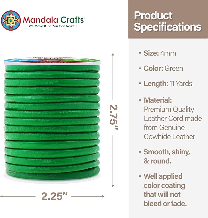 Mandala Crafts Round Genuine Green Leather Cord for Jewelry Making – 4mm Cowhide Leather Rope String Lace for Kumihimo – 11 Yards Cowhide Craft Cording Spool