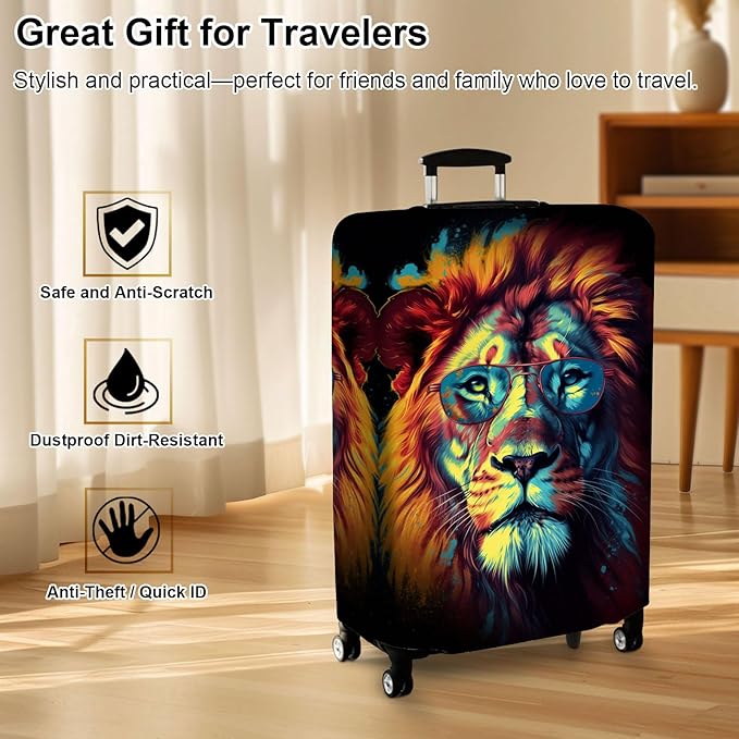 Luggage Cover Protector for 26-28 Inch Suitcases, TSA Approved Elastic Travel Suitcase Covers, Anti-Scratch Washable Luggage Sleeve for Carry On & Checked Bags, Lion With Glasses