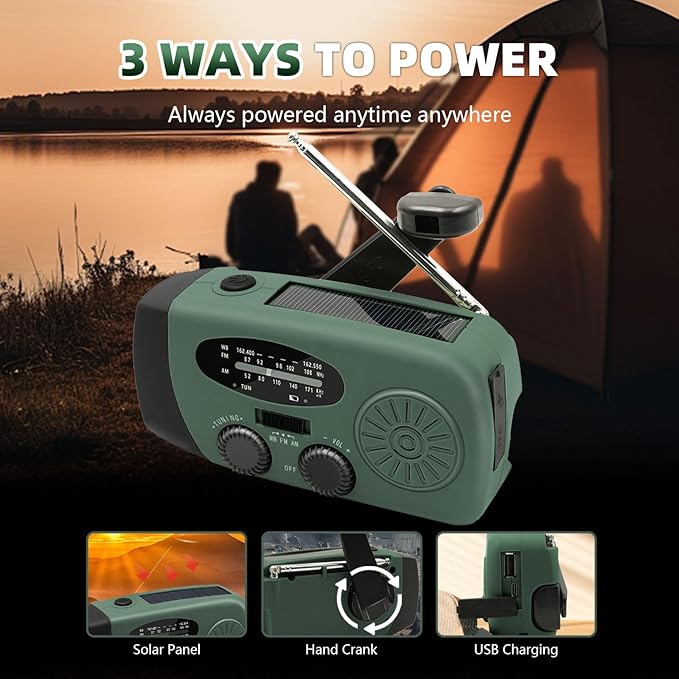 WVL 7400mWh Emergency Weather Radio, Portable Solar Hand Crank Radio AM/FM/NOAA, with 3 Mode Flashlight & Reading Lamp, Cell Phone Charger and SOS Siren(Navy Green)
