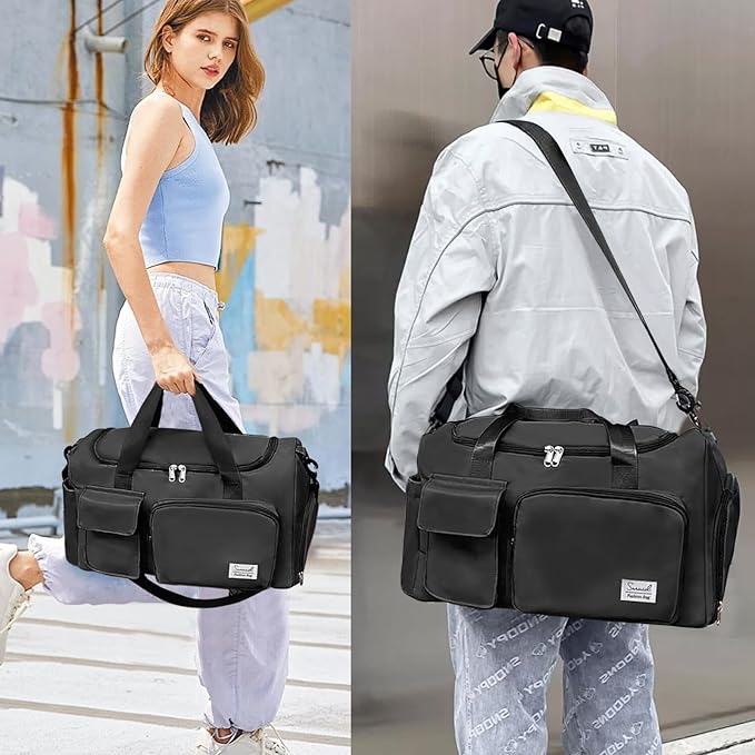 Suruid Gym Bag for Women Men, Travel Duffle Bag Large Capacity Carry On Weekender Bag With Shoe Compartment Gym Tote Dry Wet Separation Duffel Bag with Makeup Bag, Black