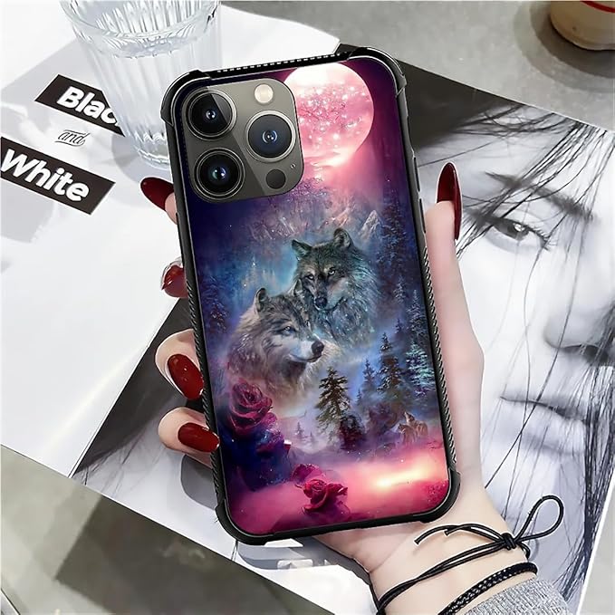 for iPhone 12 Pro Max Case, Star Two Wolfs Howling Pattern Graphic Design Girl Boy Soft Silicone Hard Acrylic Shock Protection for iPhone 12 Pro Max