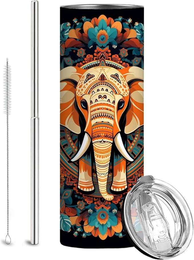 Firmiso 20 oz Tumbler｜Skinny Insulated Travel Mug｜Mandala Elephant Stainless Steel Cup with Lid and Telescopic Straw｜Boho Artistic Drinkware｜Gifts Idea for Women Men