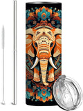 Firmiso 20 oz Tumbler｜Skinny Insulated Travel Mug｜Mandala Elephant Stainless Steel Cup with Lid and Telescopic Straw｜Boho Artistic Drinkware｜Gifts Idea for Women Men
