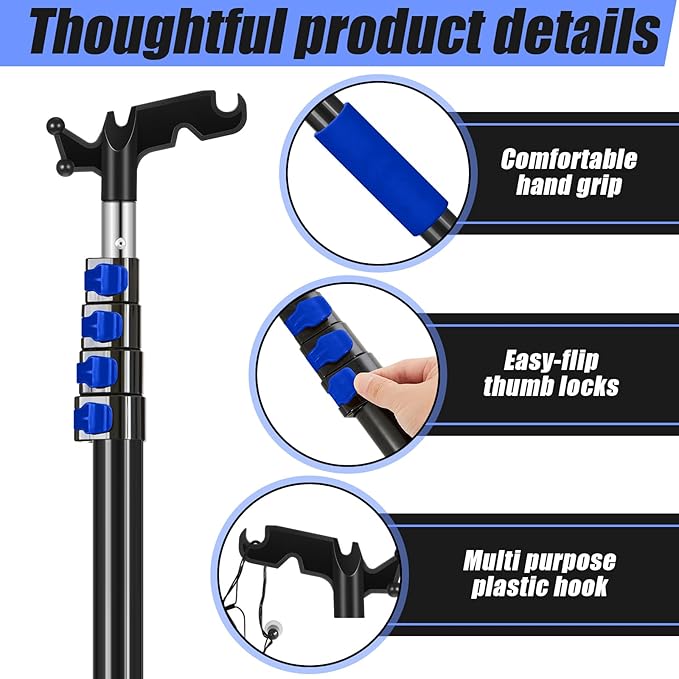 7-30 ft Telescopic Extension Pole with Utility Hook, Multi-Purpose Aluminum Pole for Painting, Dusting and New Year Window Cleaning Christmas Lights Installation Without a Ladder(Blue)