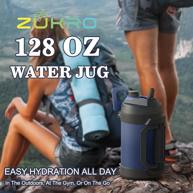 Zukro 1 Gallon Water Jug, One Gallon Large Triple Wall Insulated Metal Jug With Straw and Spout, No Sweat 128 oz Stainless Steel Sport Water Bottle Keeps Cold 48 Hours for Outdoors, Green