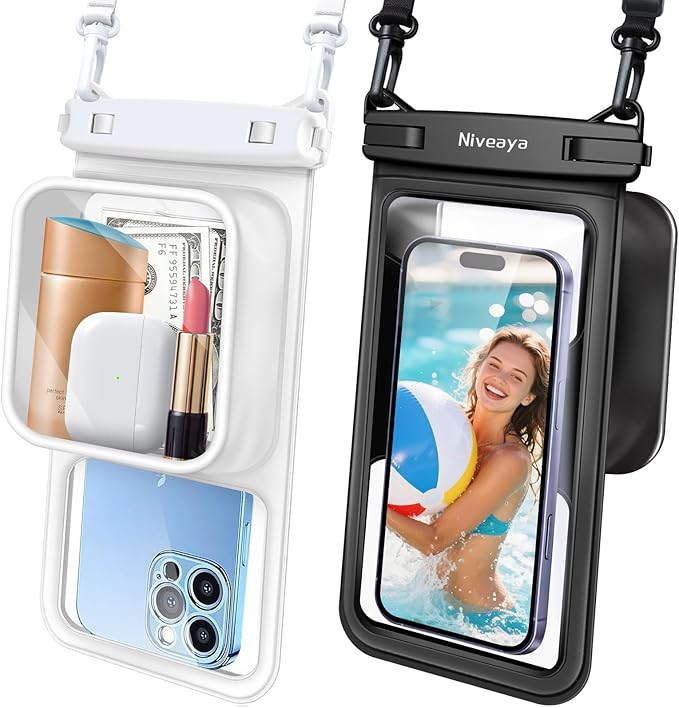 Niveaya [Floatable Floating Waterproof Phone Pouch 2 Pack-Up to 8.5", Large Space Adjustable Neck Lanyard Waterproof Phone Case, Phone Dry Bags for Vacation Beach Pool Kayak Cruise Travel Essentials